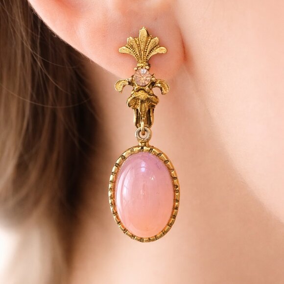 Jewelry - Vintage Pink Moonglow Cabochon Drop Clip Gold Tone Earrings Fleur de Lis